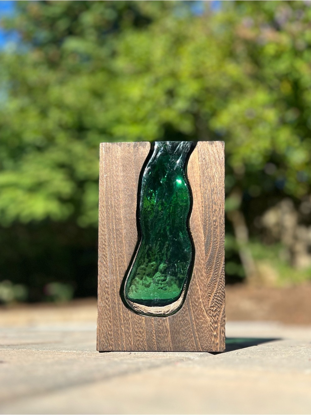 Modern Wooden Bud Vase with Emerald Green Glass Insert | Mid-Century Style Wood